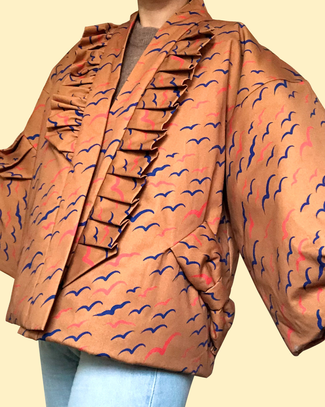 Kamome Pattern Padded Hanten Jacket with Left-Side Ribbon Tie