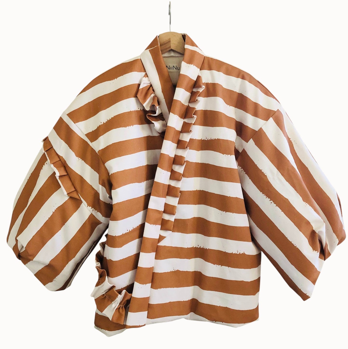 Brush-Stripe Hanten Jacket with Oversized Back Ribbon Camel