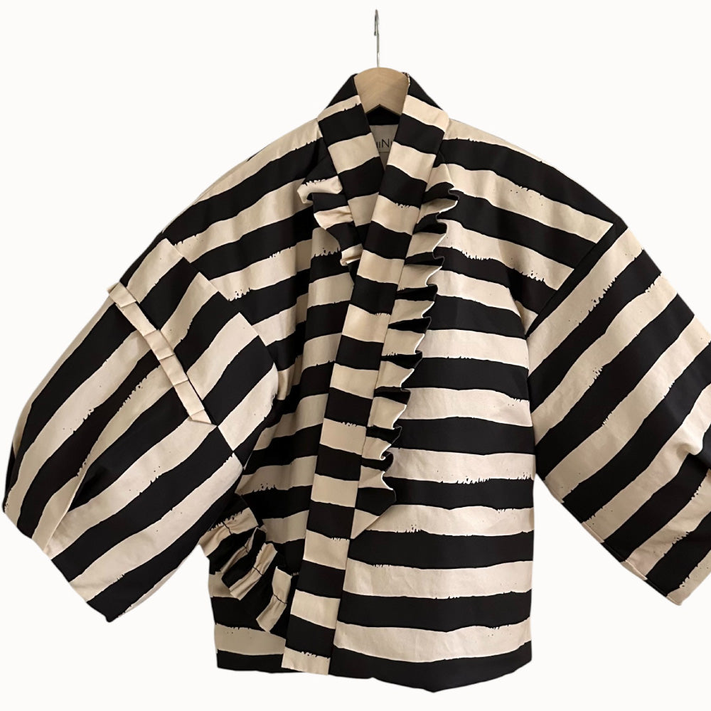 For Tina Brush-Stripe Hanten Jacket with Oversized Back Ribbon