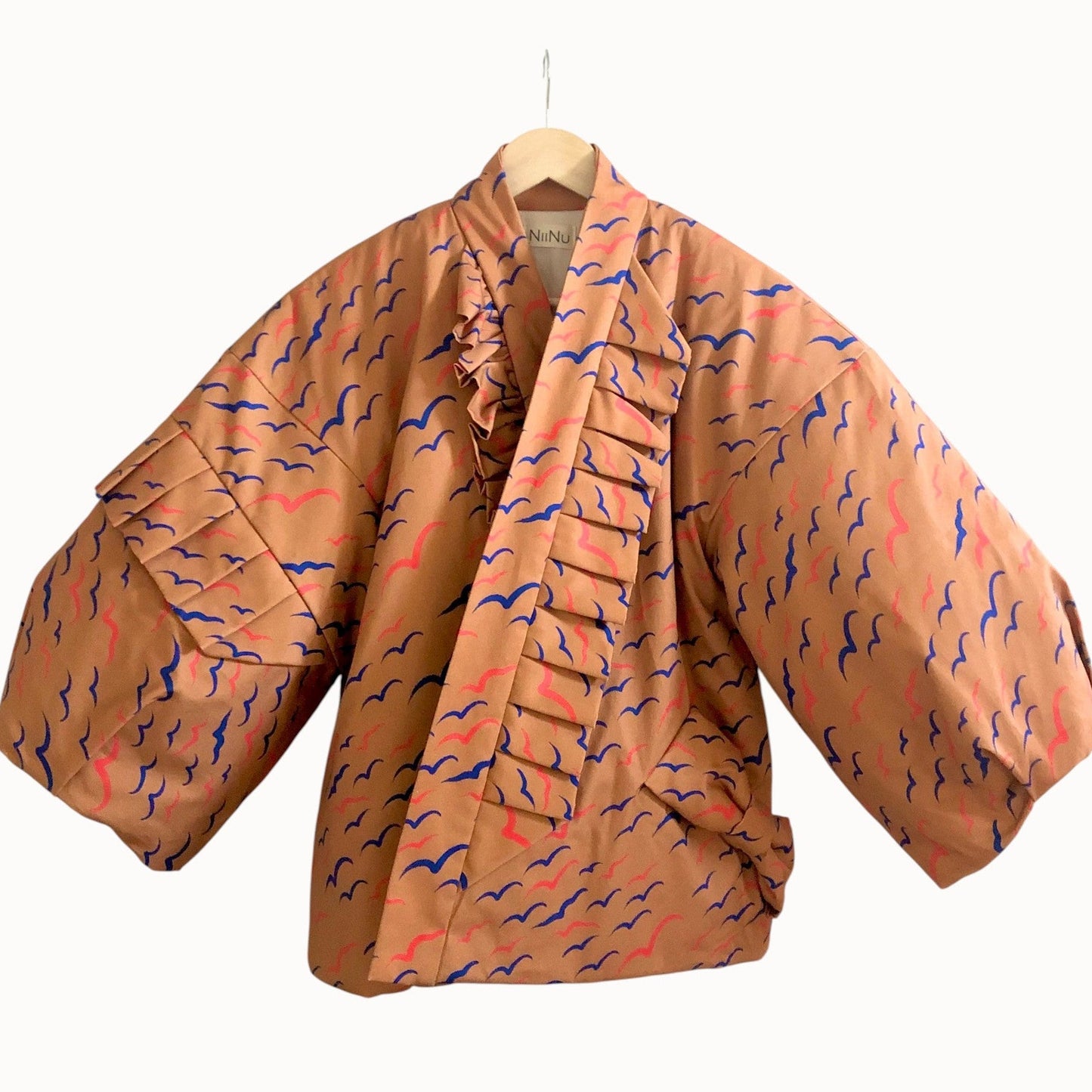 Kamome Pattern Padded Hanten Jacket with Left-Side Ribbon Tie