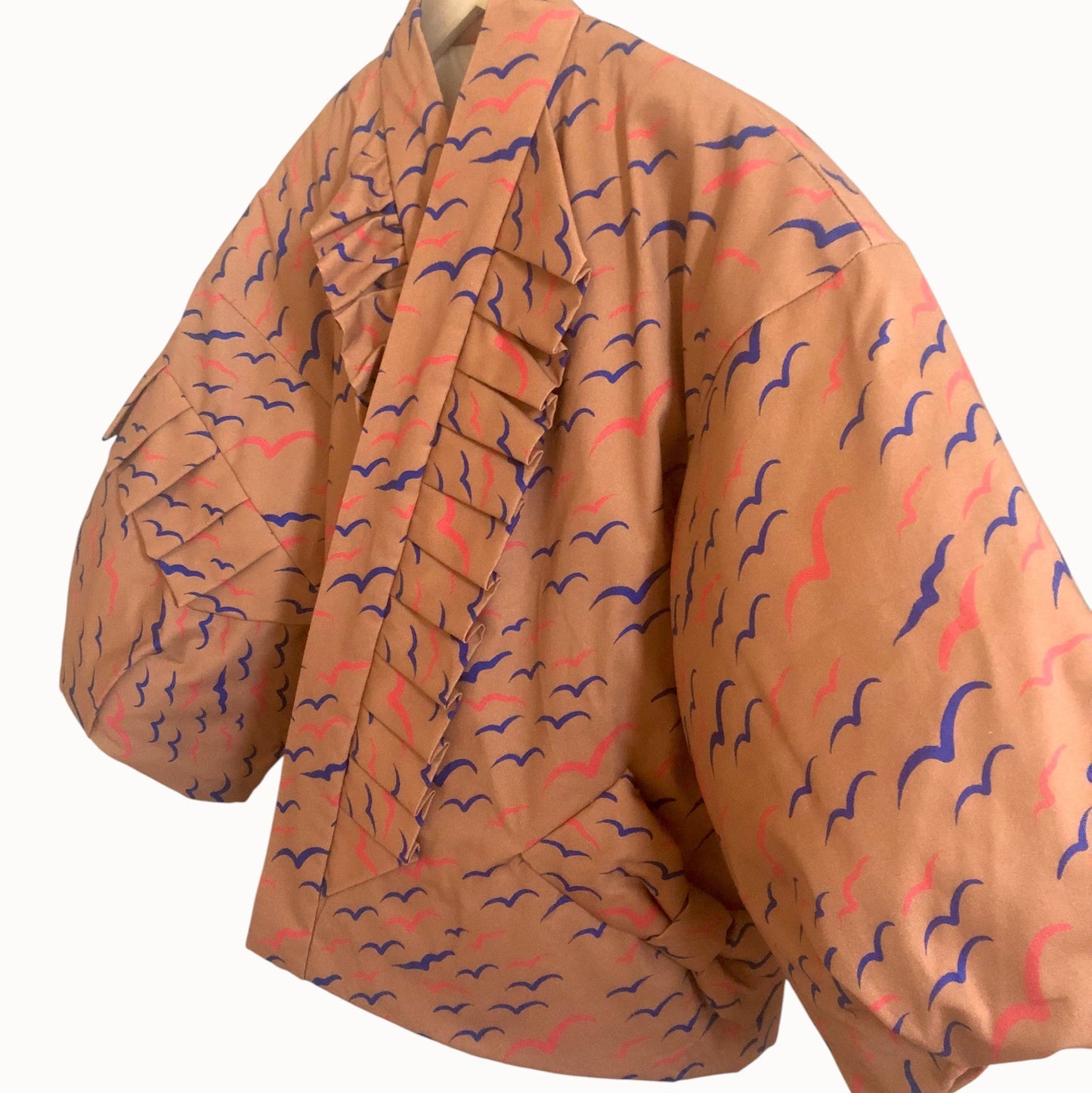Kamome Pattern Padded Hanten Jacket with Left-Side Ribbon Tie