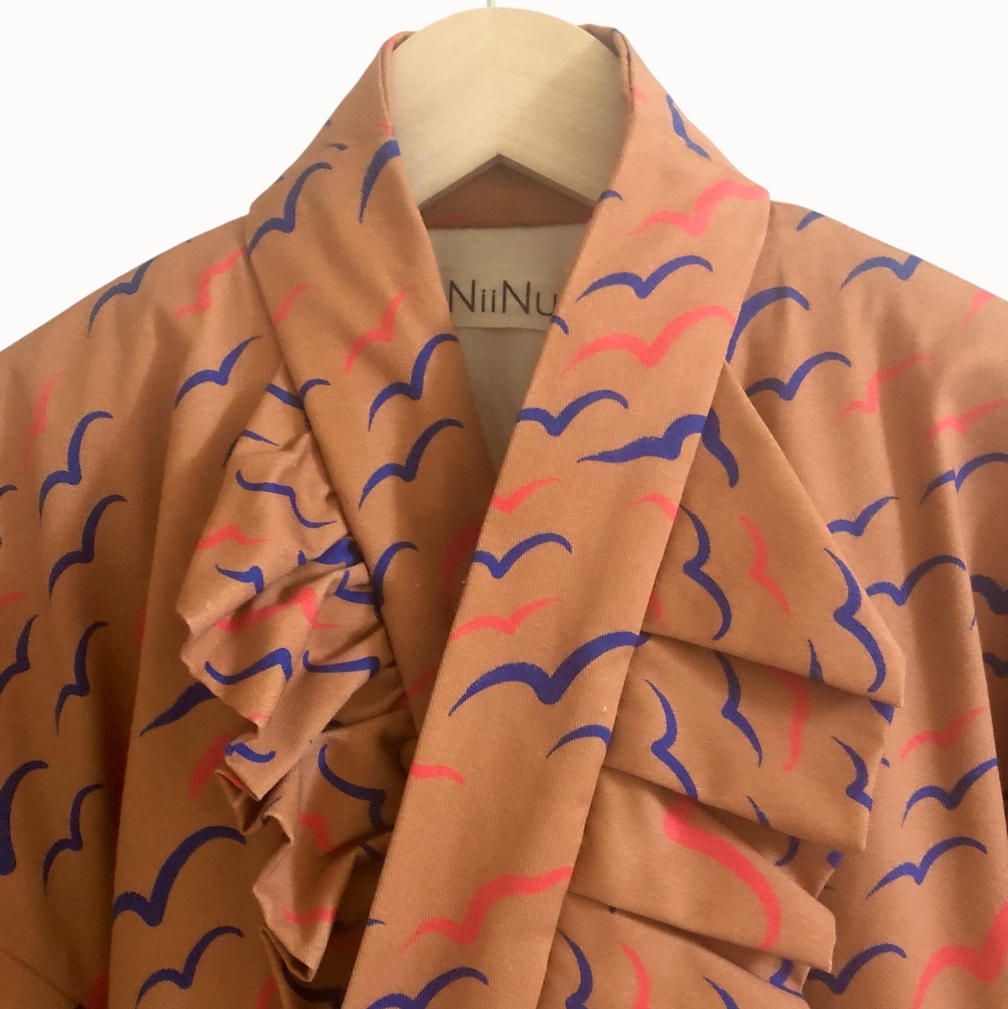 Kamome Pattern Padded Hanten Jacket with Left-Side Ribbon Tie