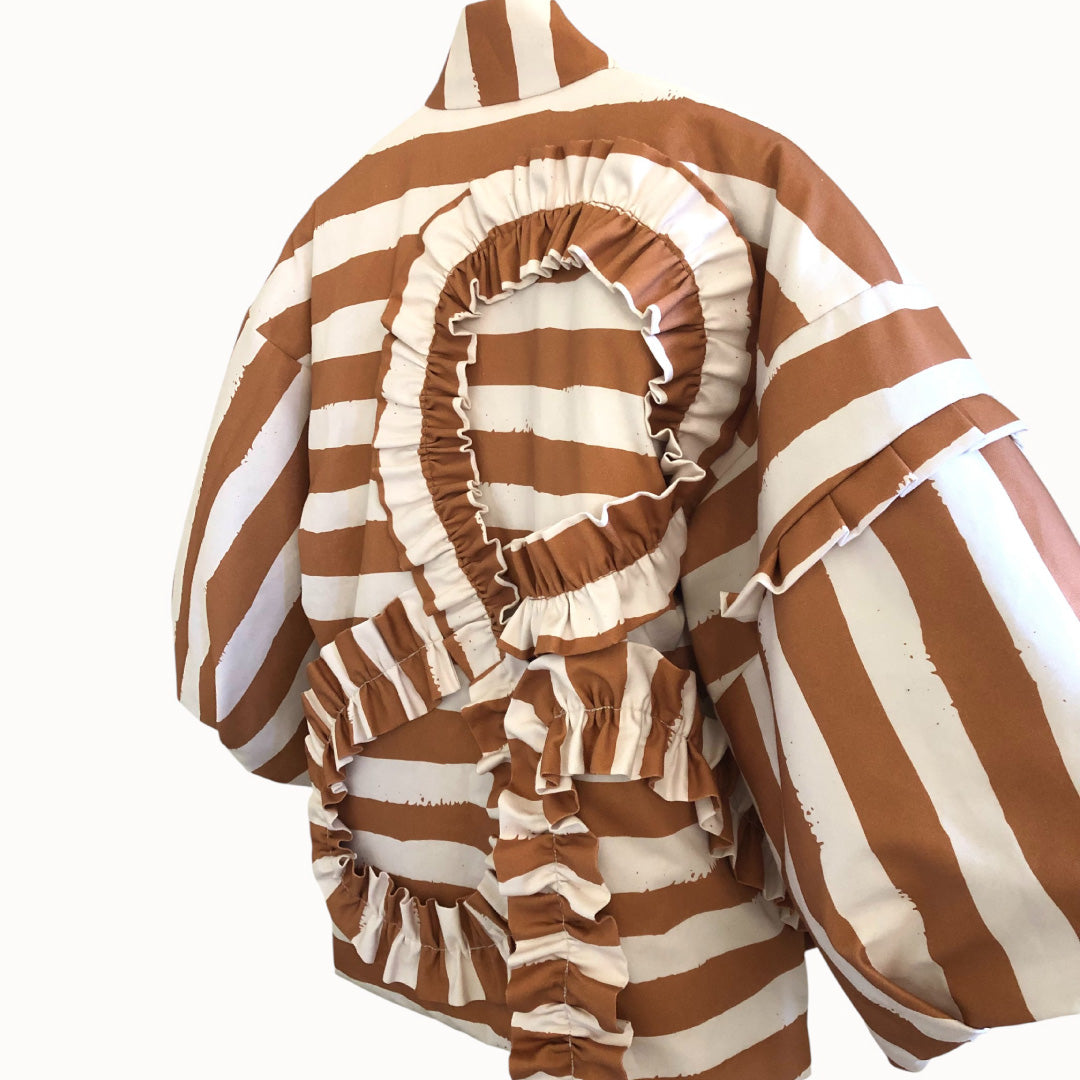 Brush-Stripe Hanten Jacket with Oversized Back Ribbon Camel